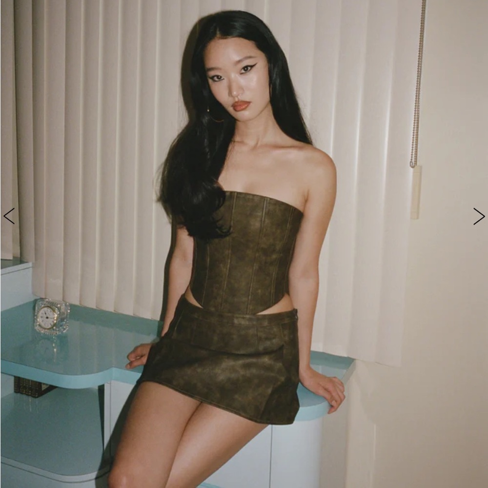 With Jean Leather Mini Skirt Set - Strapless Corset Top & Mini Skirt